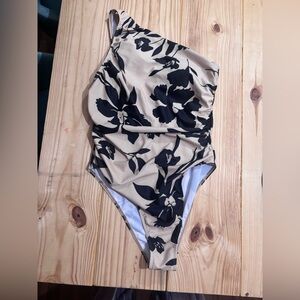 Floral One-Piece Swimsuit in Black and Tan